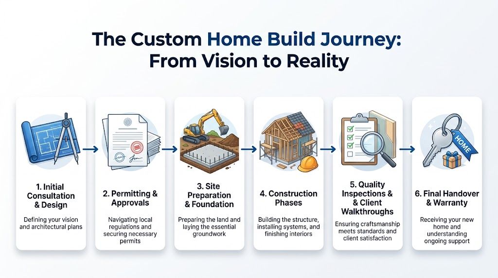 A six-step infographic illustrating the professional custom home building journey from initial design to final handover.