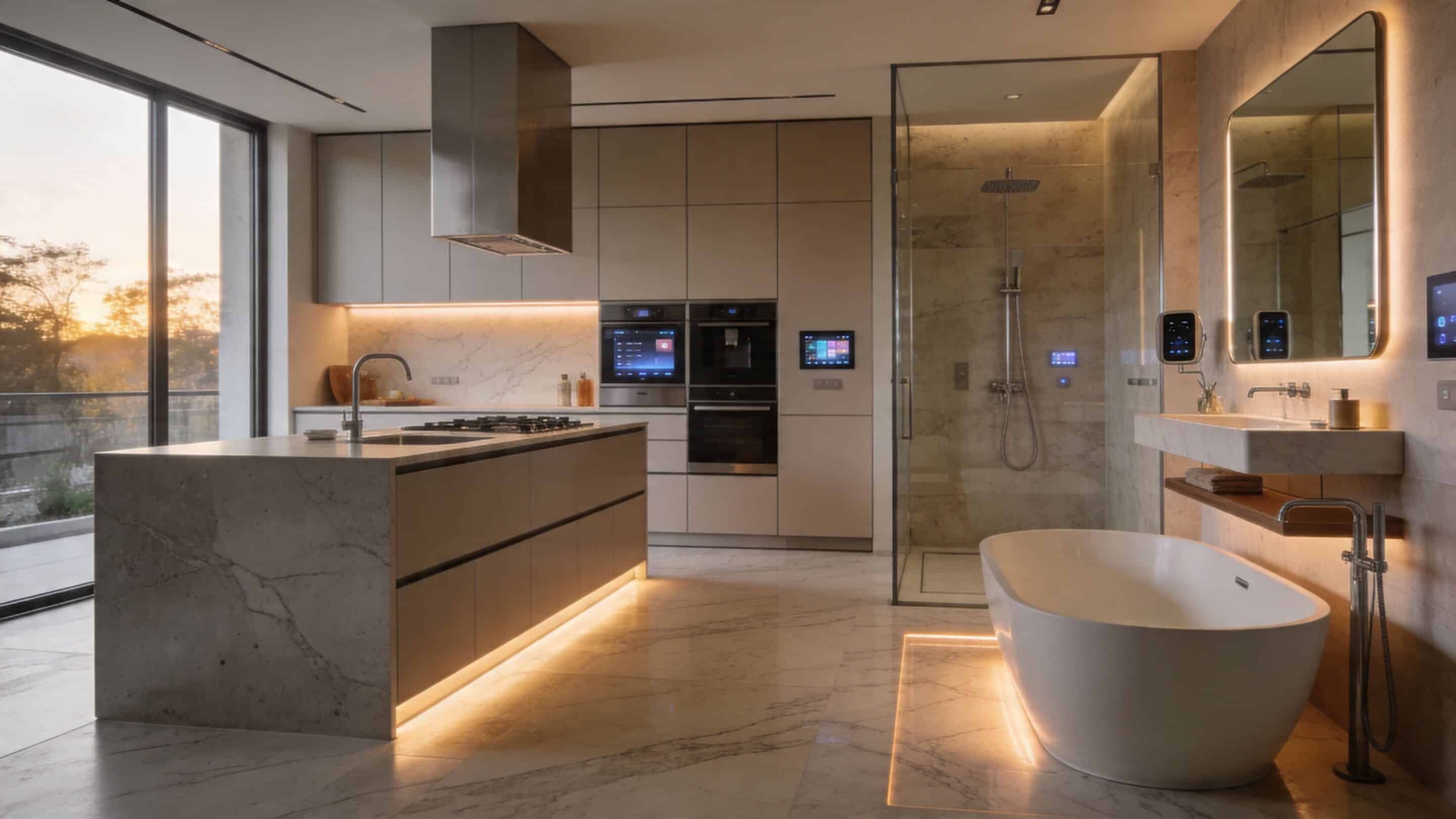 A luxurious contemporary open-plan kitchen and bathroom featuring marble finishes, warm floor lighting, and sunset views.