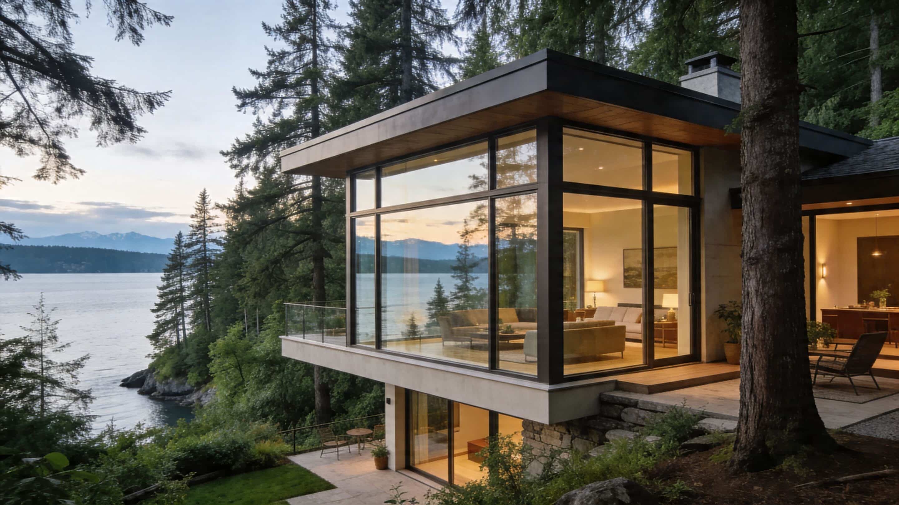 A luxurious contemporary home with floor-to-ceiling windows overlooking a serene lake and dense forest at sunset.