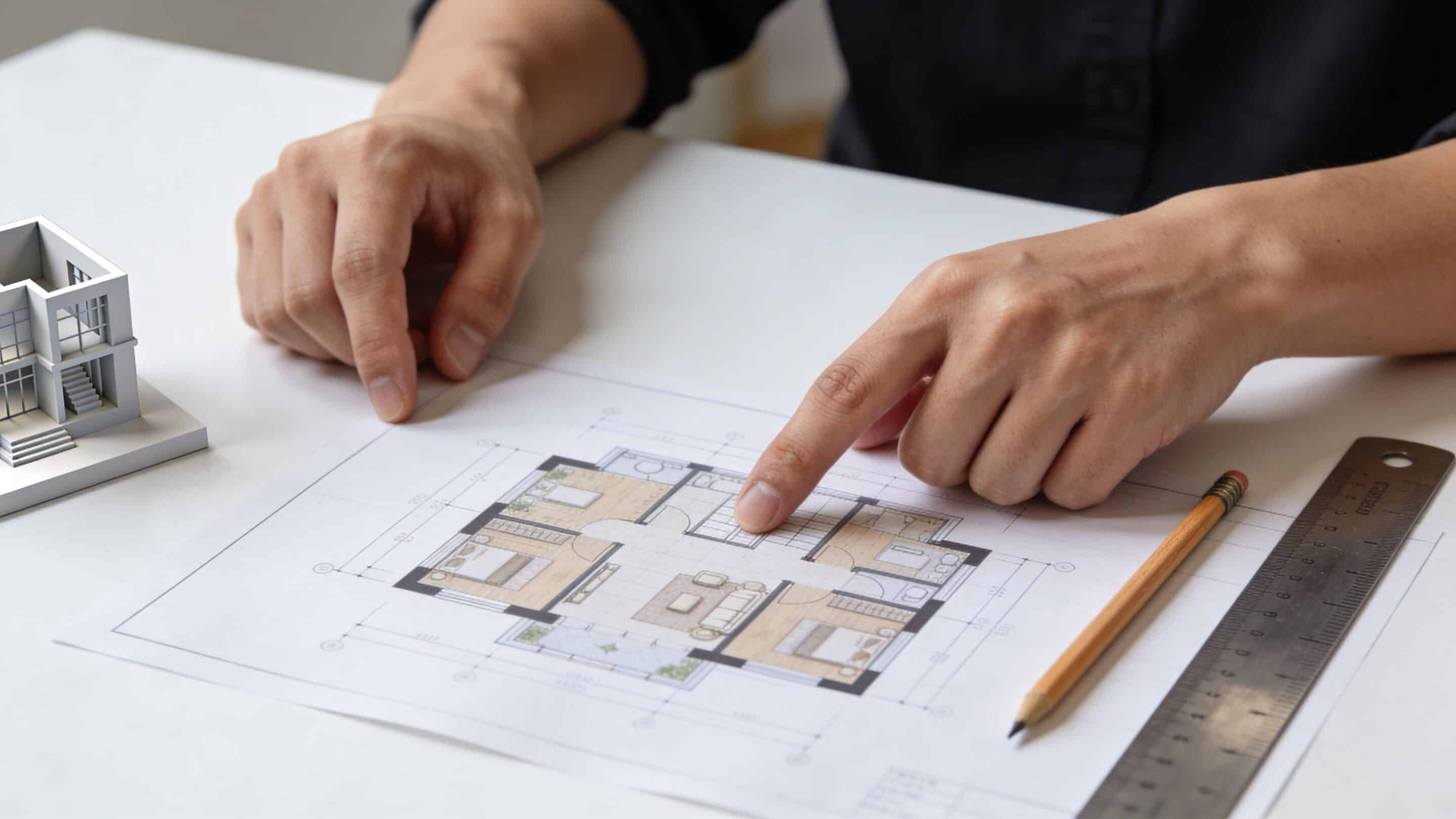 An architect pointing at a detailed house floor plan on a desk with a model home.