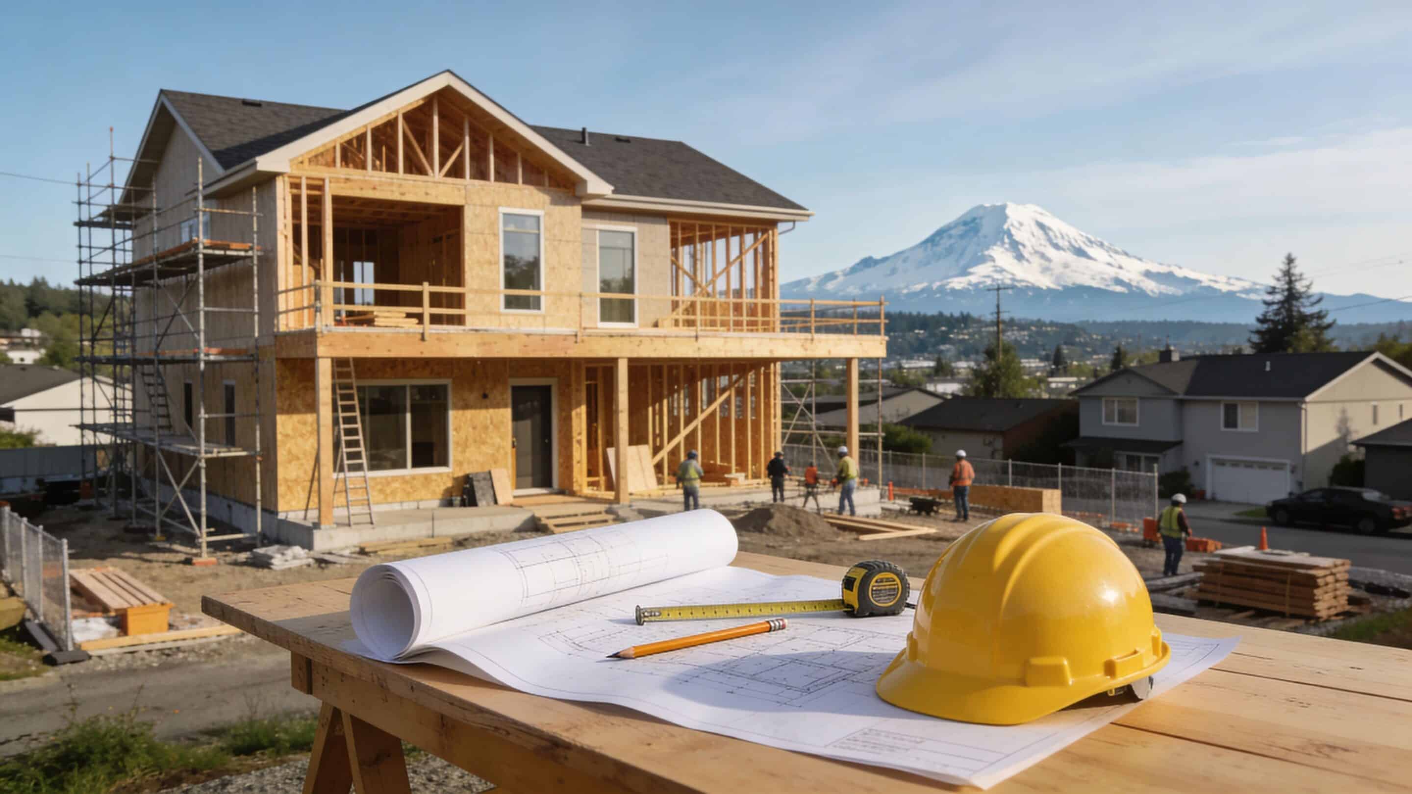 Building under construction with blueprints, tape measure, and yellow hard hat on a table; mountain visible in the background.