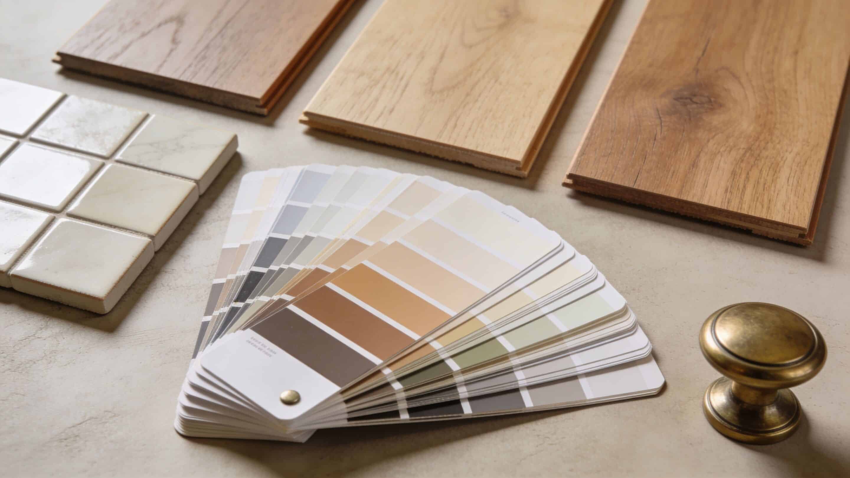 A professional interior design mood board featuring wood flooring samples, ceramic tiles, a paint swatch, and brass hardware.