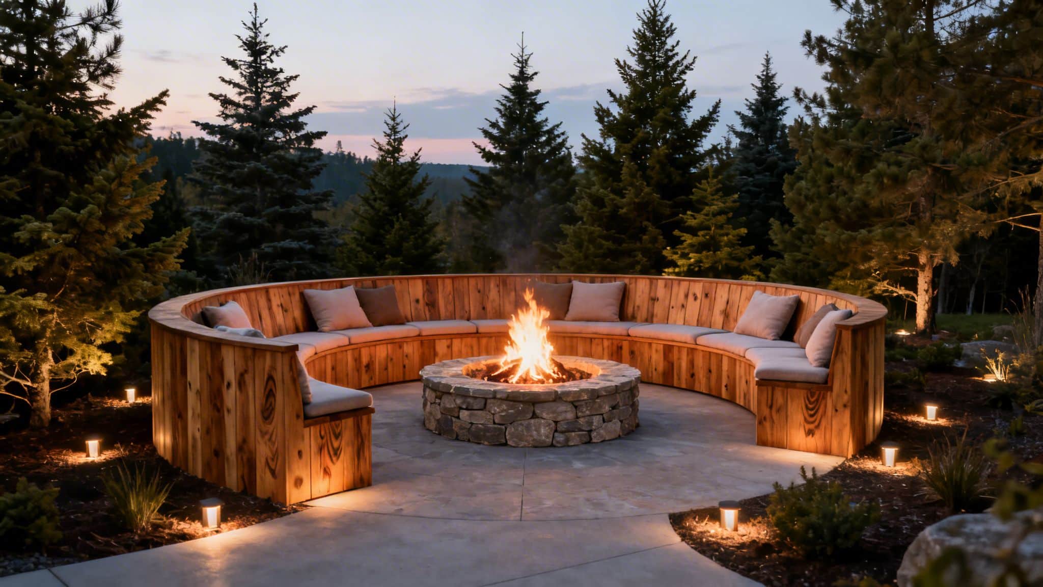 A circular wooden bench with cushions surrounding a glowing stone fire pit in a scenic forest clearing.