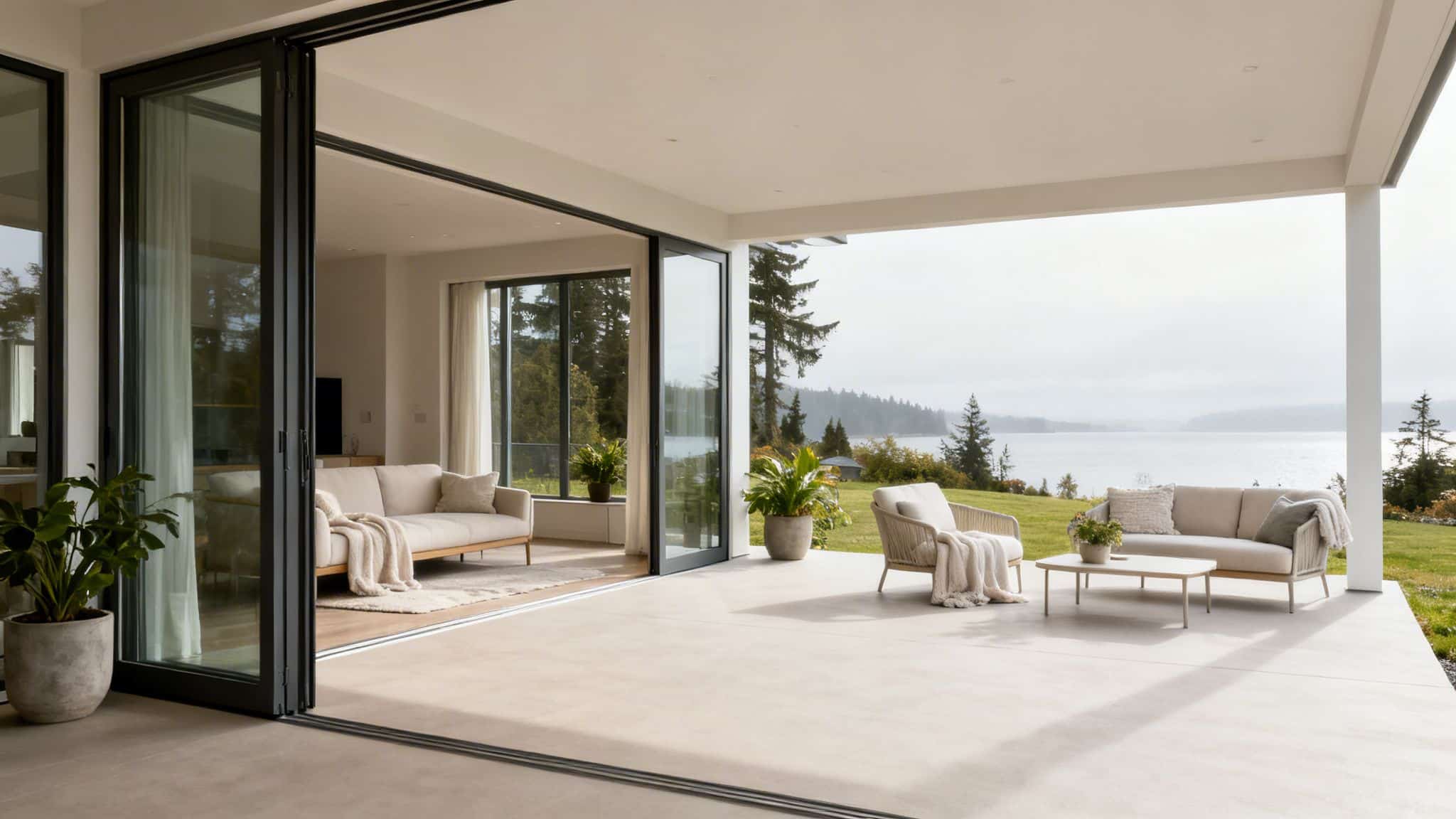 A luxurious patio with outdoor seating and a seamless transition to a modern living room interior.