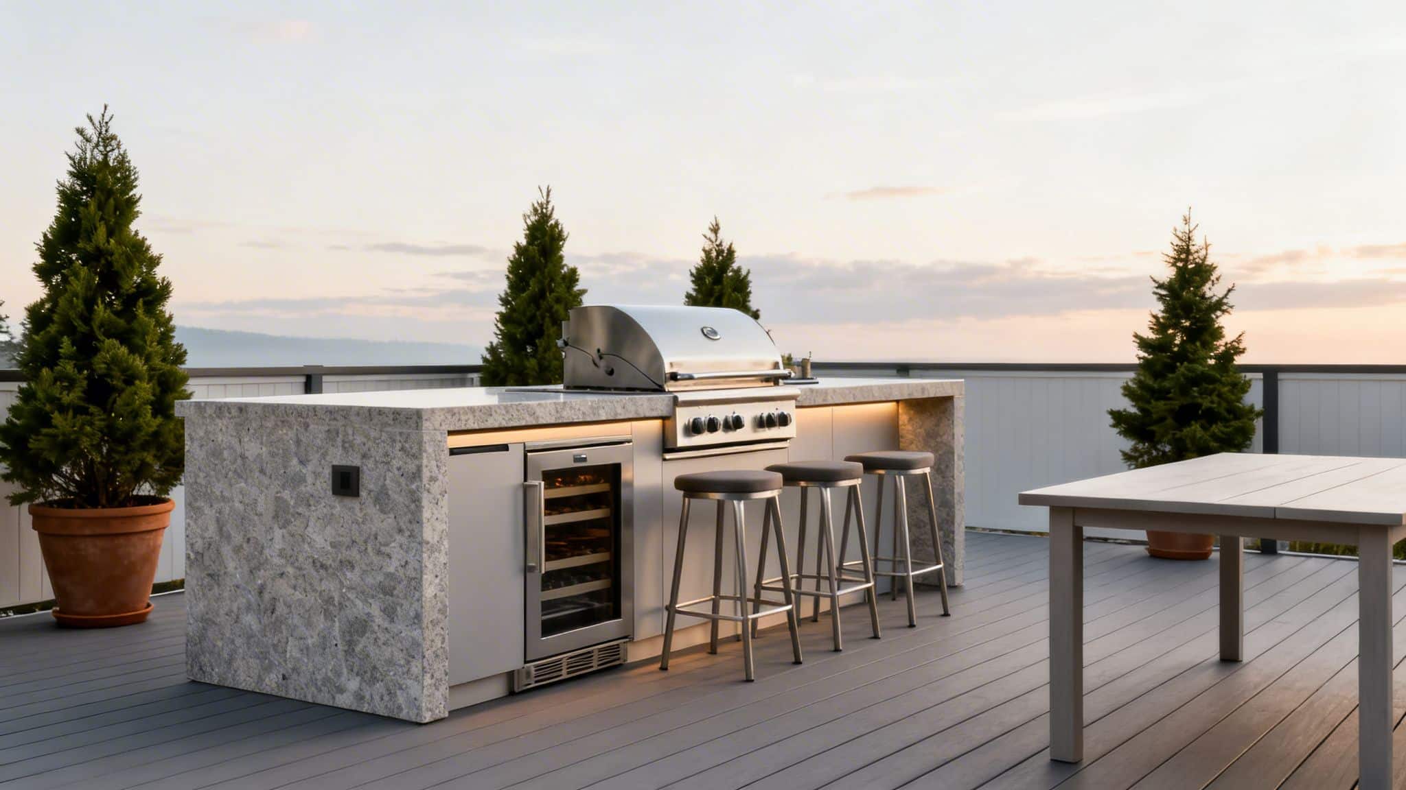 A modern outdoor kitchen with a stone counter, built-in grill, wine fridge, stools, and dining table on a deck.