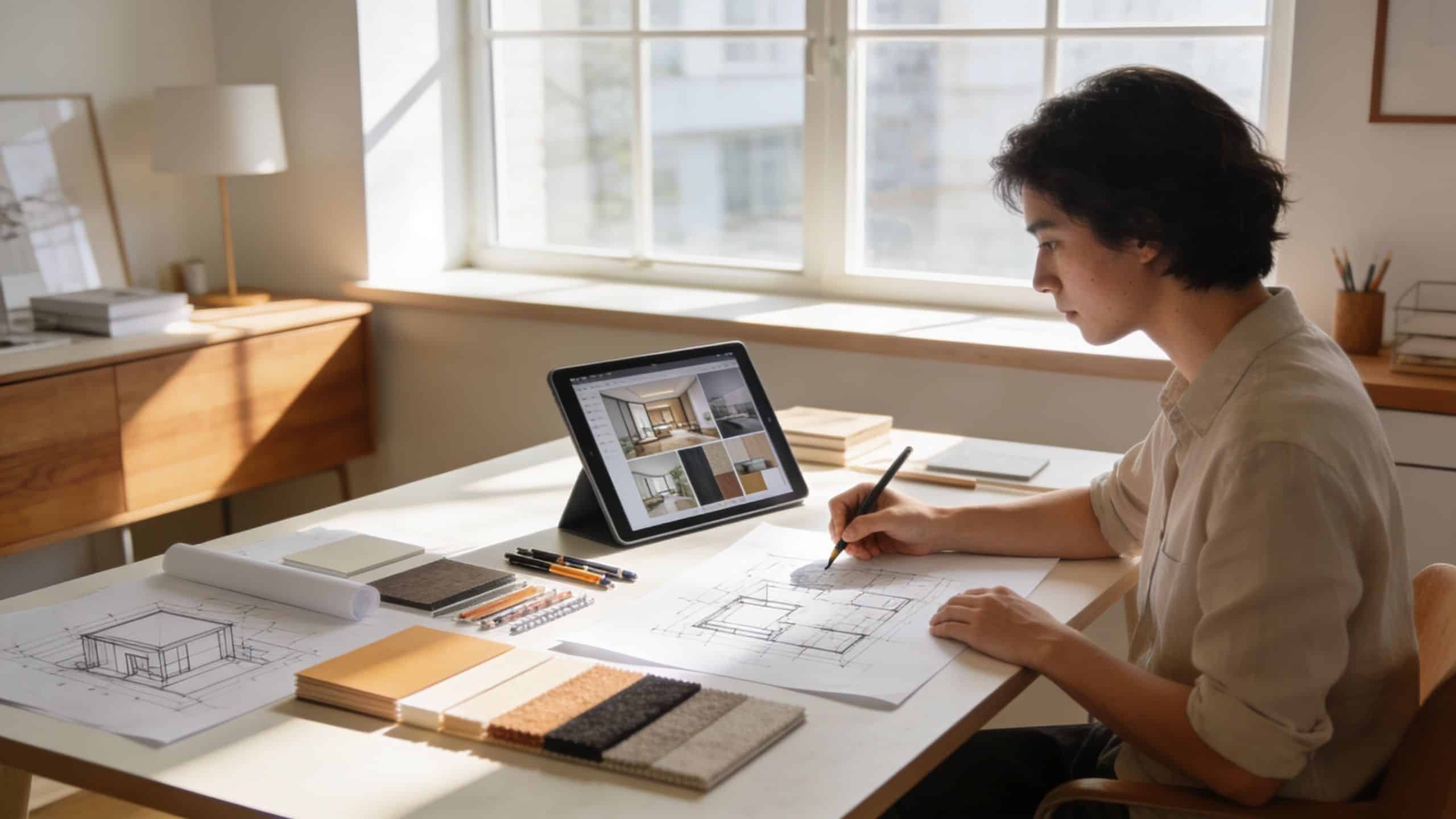 An interior designer sketching architectural blueprints while referring to digital design concepts on a tablet device.