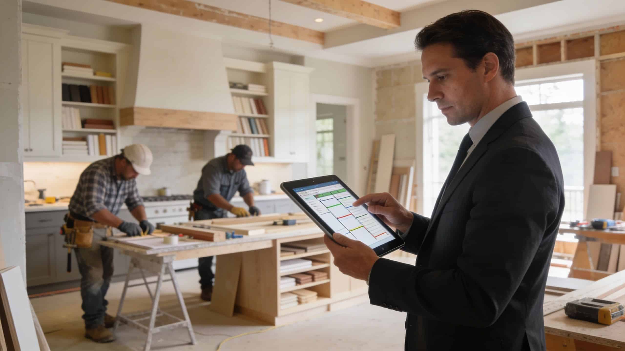 A professional manager reviews a construction project schedule on a tablet inside a kitchen renovation site.
