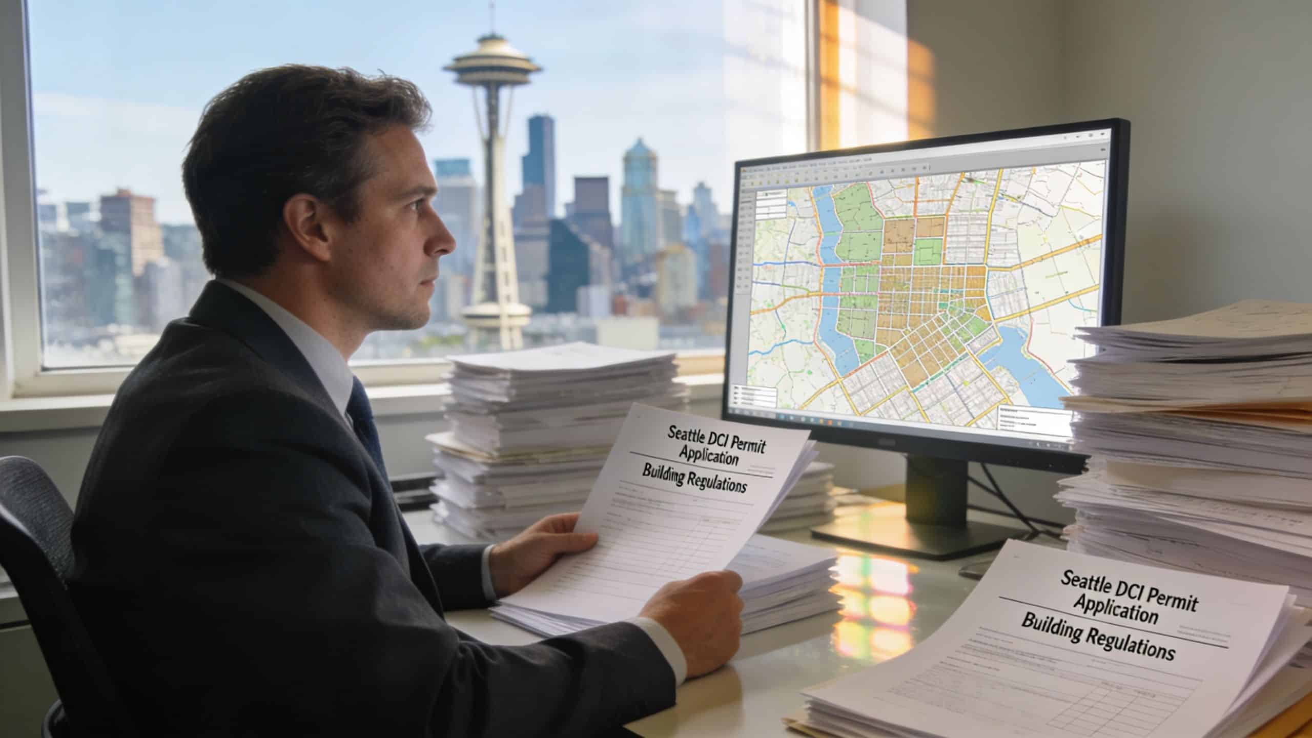A professional in a suit reviews Seattle building permit applications while looking at a city map monitor.