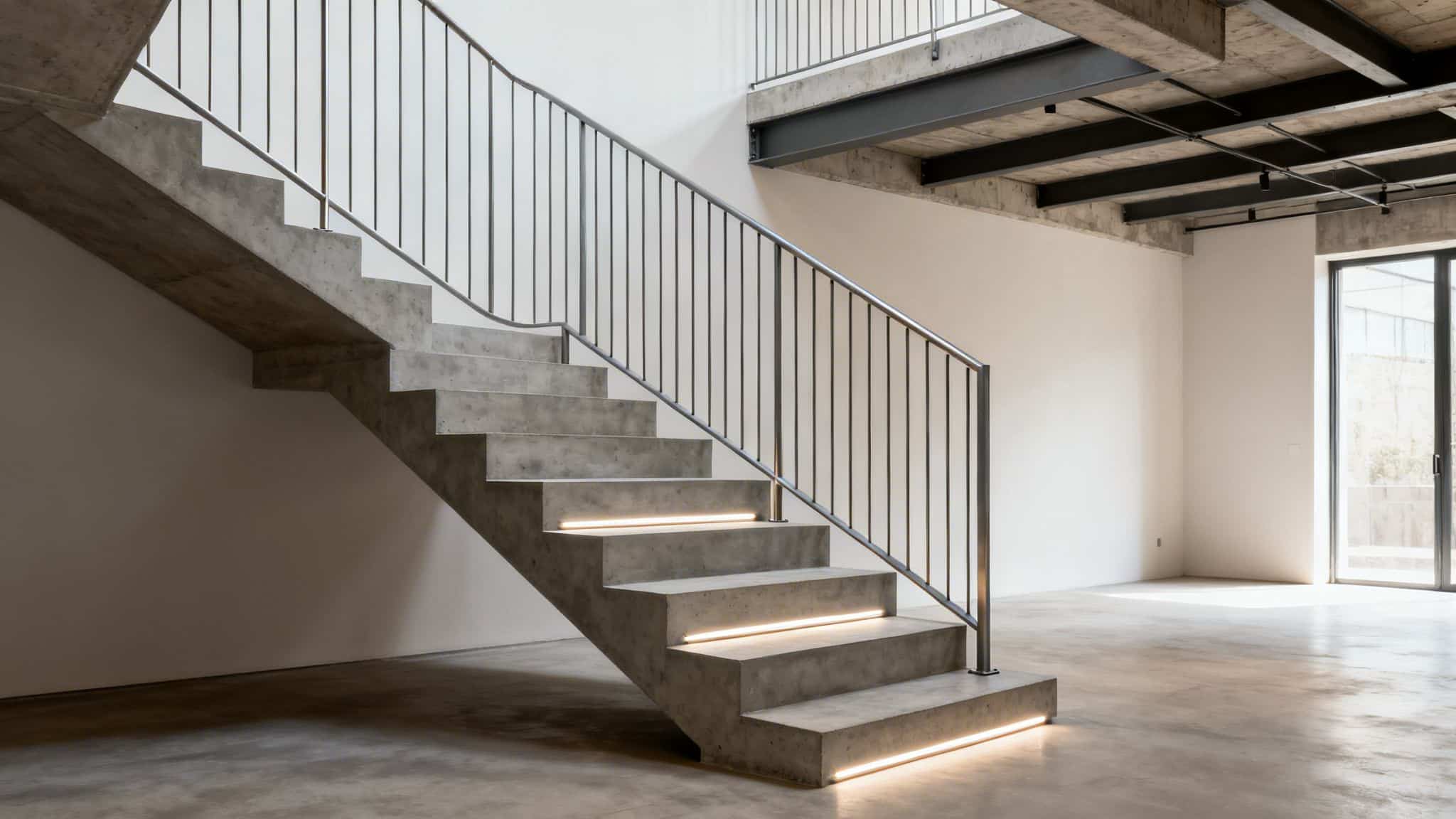 Modern concrete staircase with illuminated steps and metal railing in an industrial style interior.