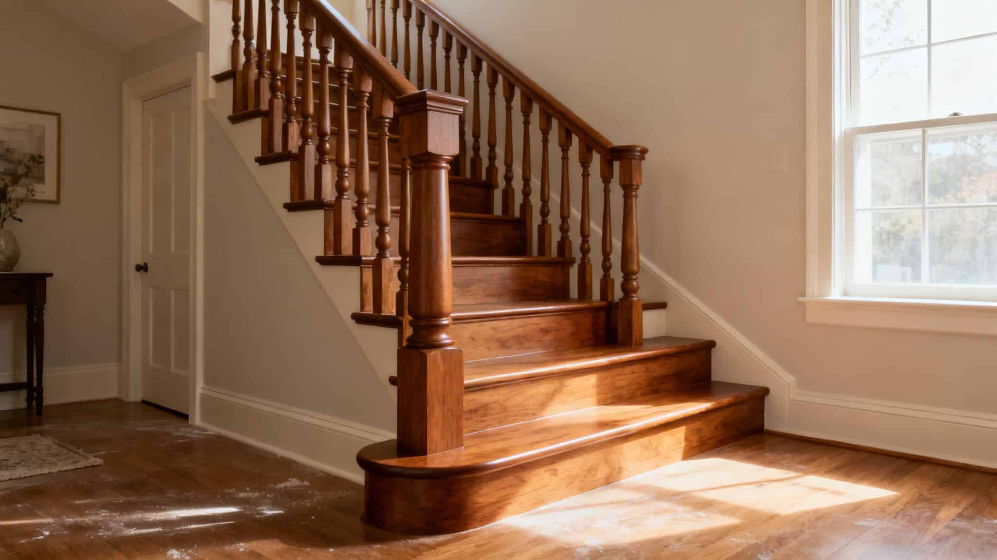 A grand, polished wooden staircase with banister in a bright, sunlit home interior, showing renovation.