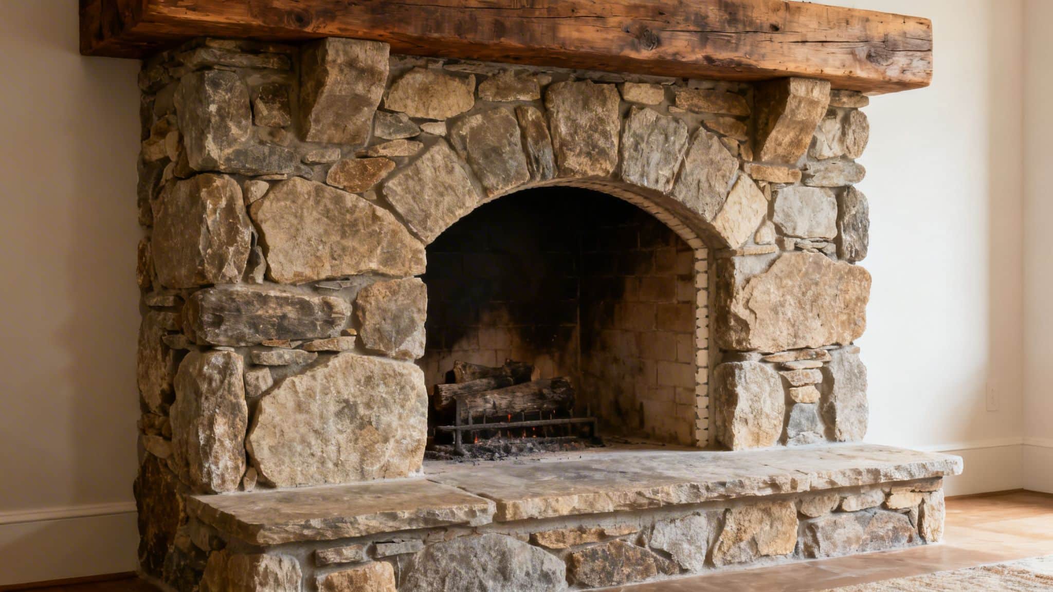 A rustic stone fireplace with an arched opening, a wooden mantel, and a stone hearth.