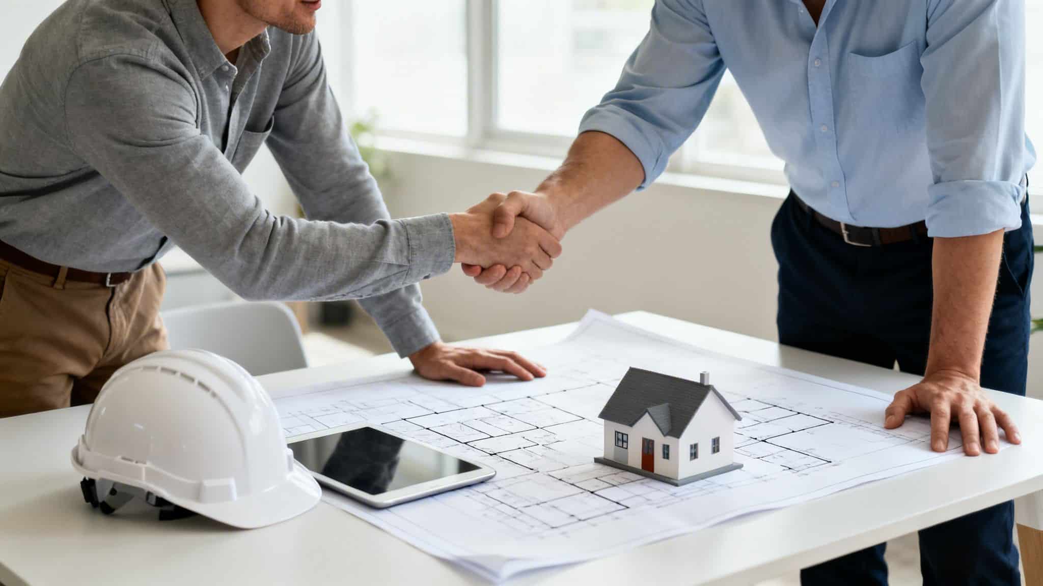 Two men shake hands over architectural plans, a house model, and a hard hat.