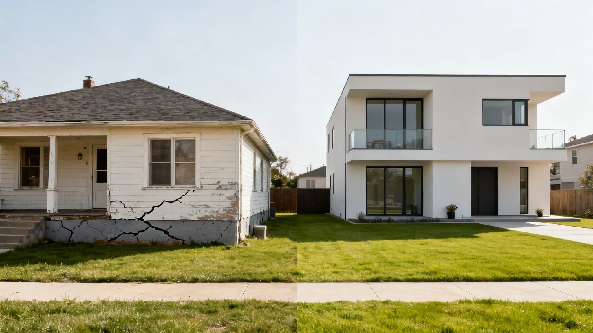 Old, crumbling house with a cracked foundation beside a sleek, modern white home.
