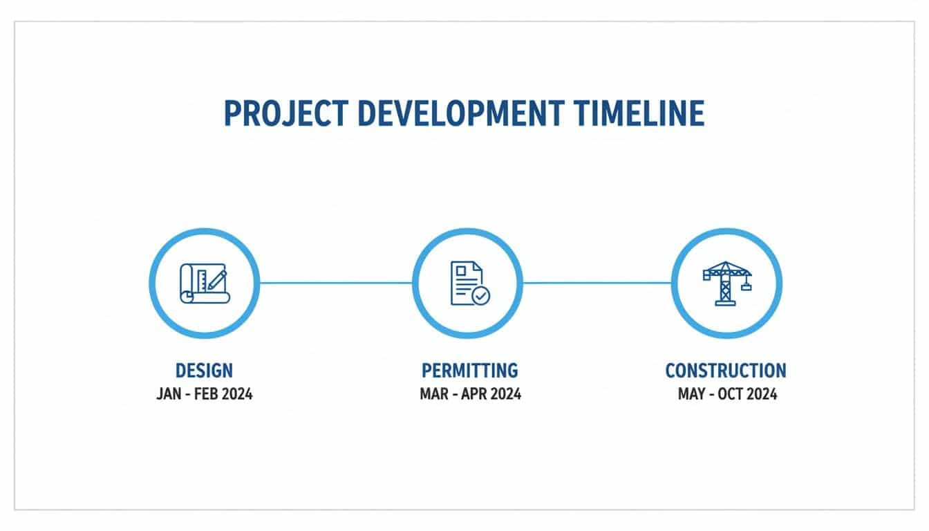 Project development timeline showing design, permitting, and construction phases with associated dates.