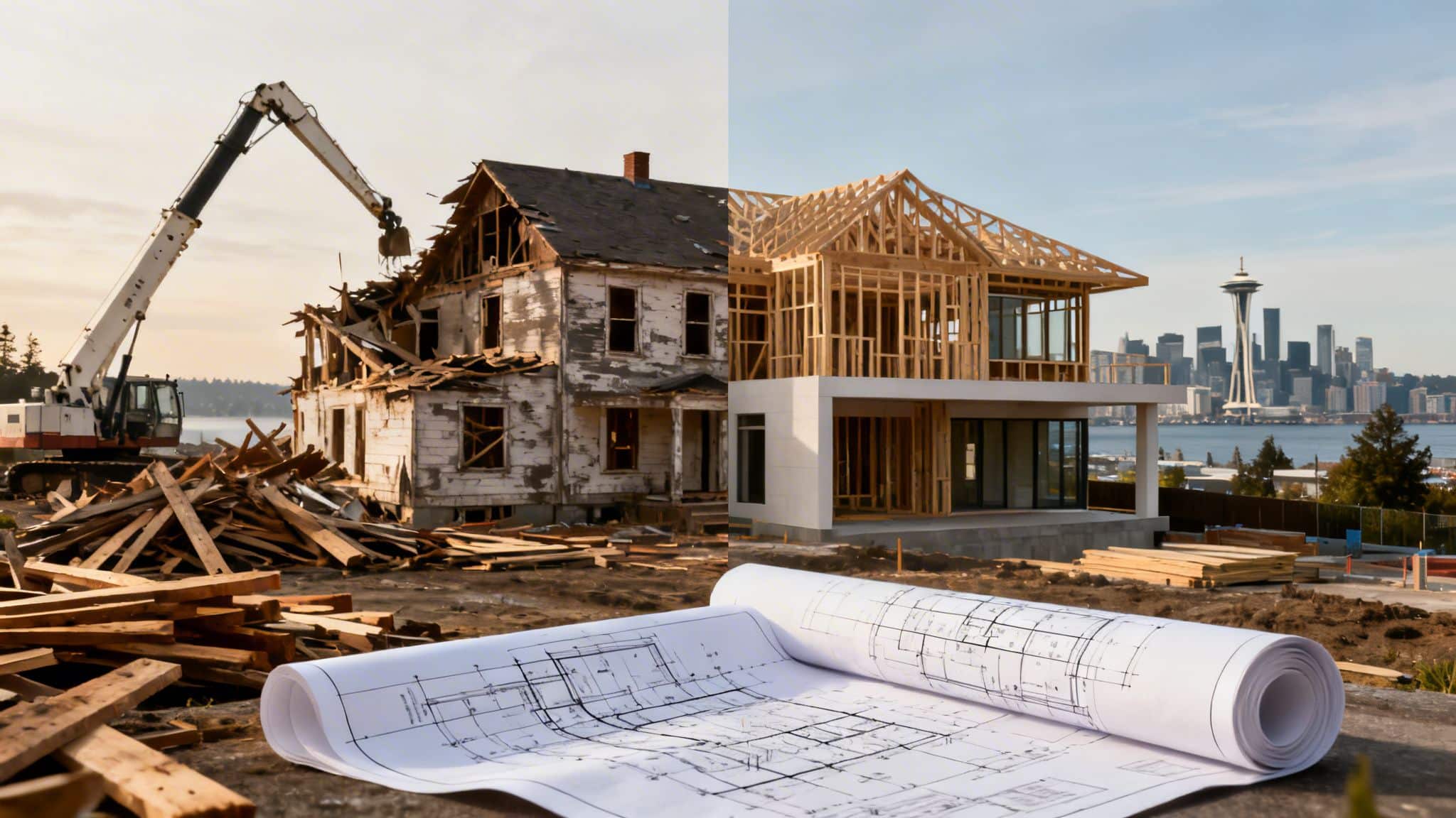 A split image shows a dilapidated house being demolished on one side and a modern wooden house under construction on the other, with blueprints in the foreground and a city skyline in the background.