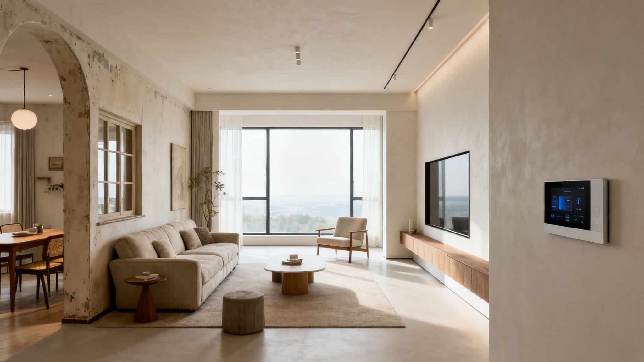 A modern living room with a large window, light-colored sofa, archway, and smart home control panel.