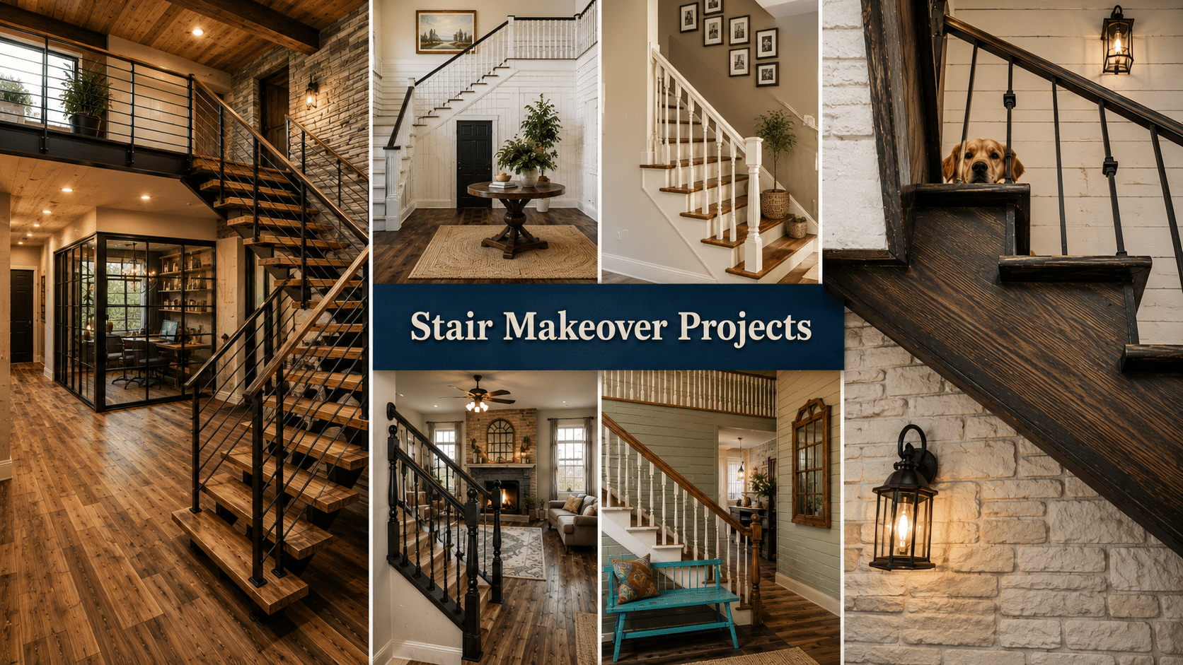 Collage of stylish staircases and interiors with the text Stair Makeover Projects in the center.