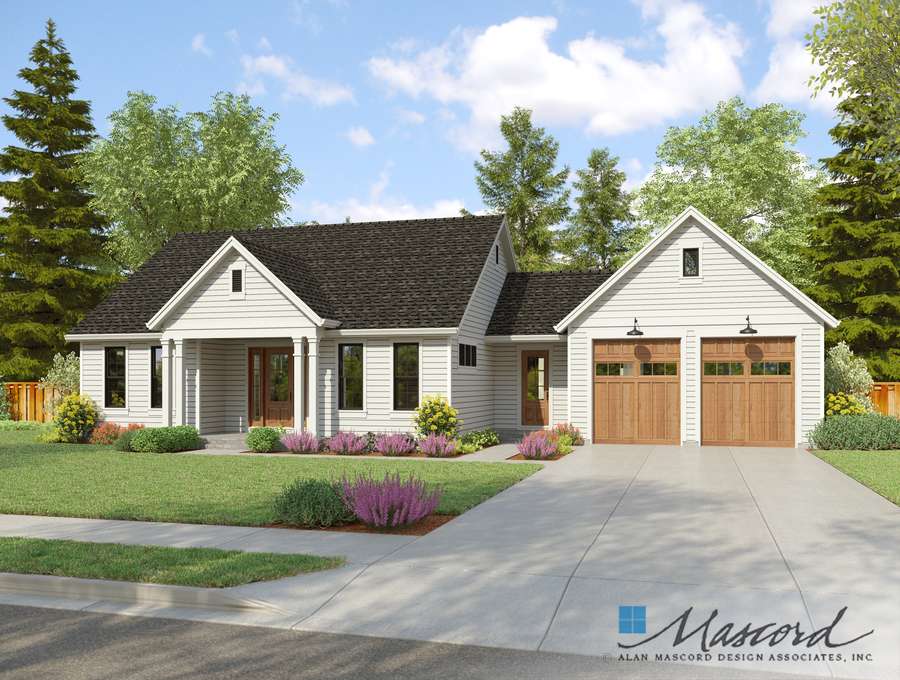 Single-story house with gray siding, two wooden garage doors, a front porch, and landscaped yard.