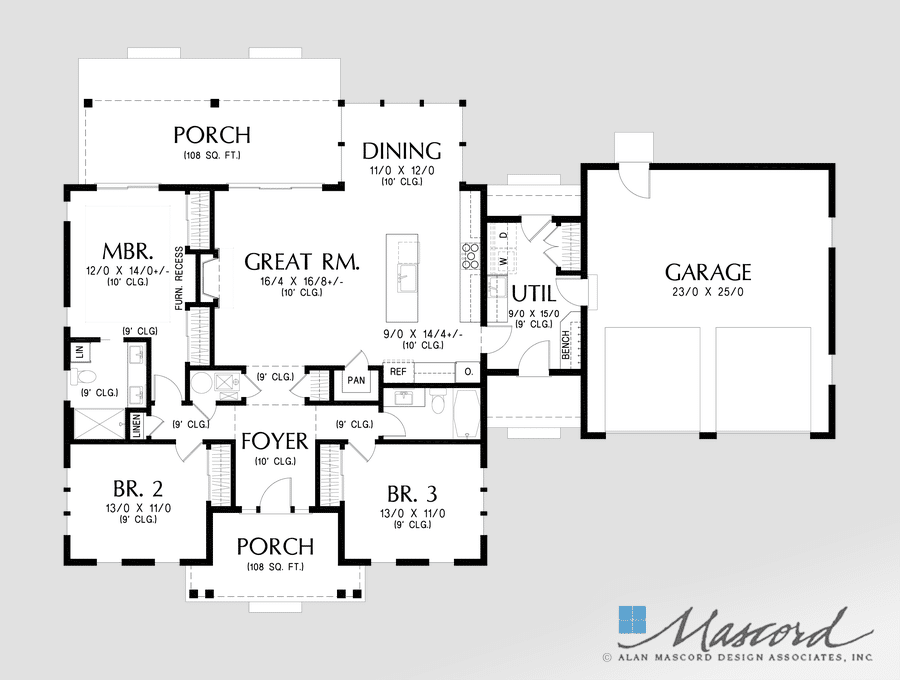 Black and white floor plan shows three bedrooms, two porches, a great room, dining area, utility room, and garage.
