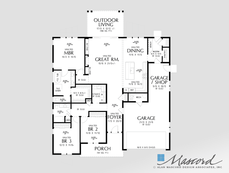 Black and white floor plan showing rooms, garage, porch, and outdoor living area of a single-family home.