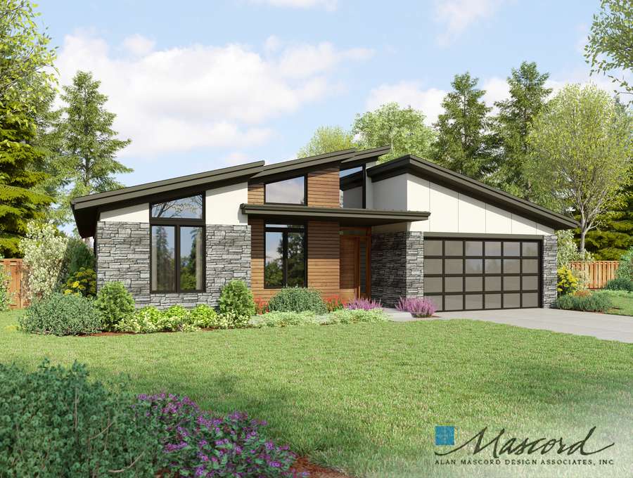 Modern single-story house with stone and wood exterior, large windows, and a double garage, surrounded by greenery.