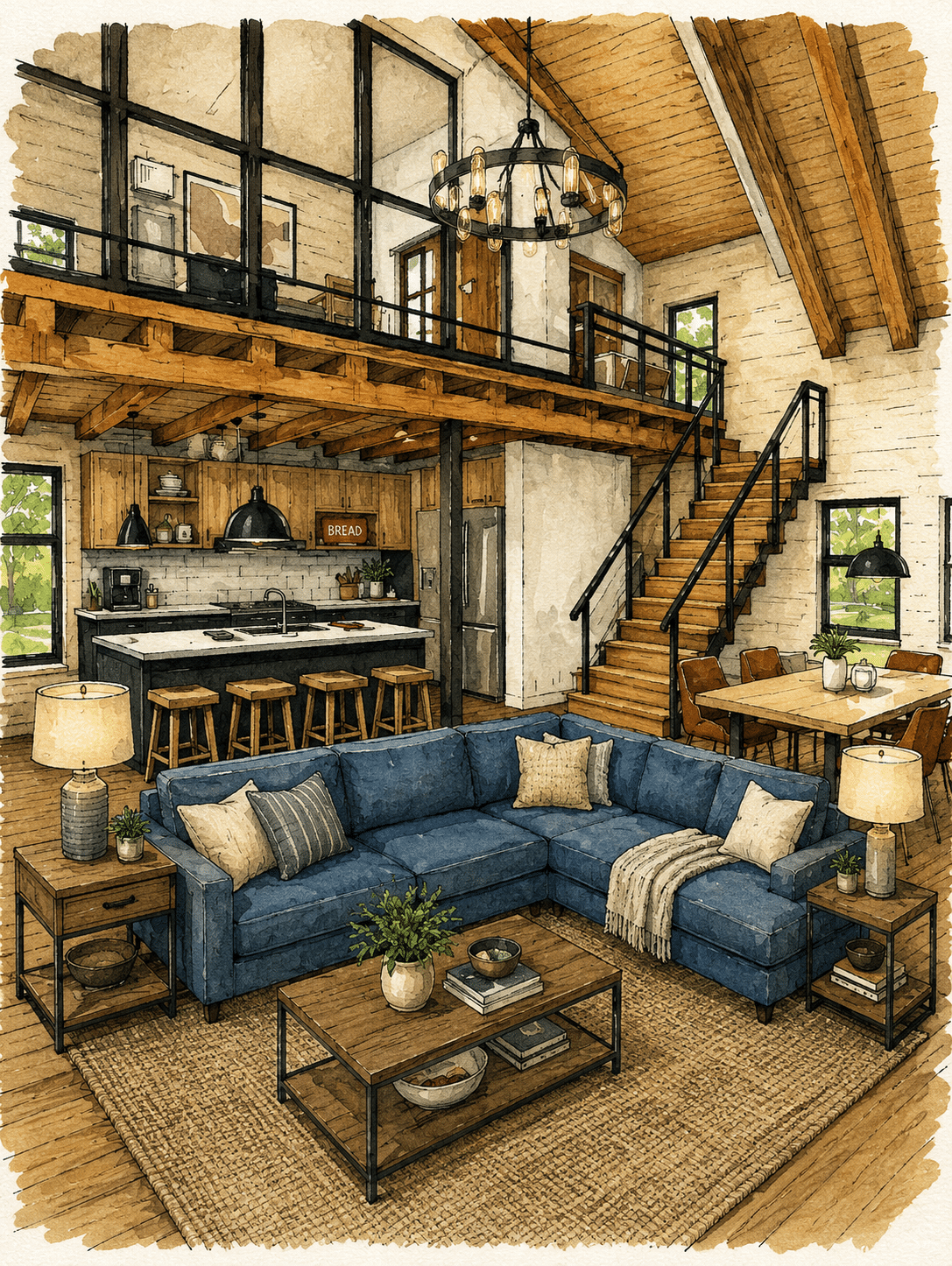 Cozy modern farmhouse living room with blue sectional, open kitchen, dining area, and loft above.