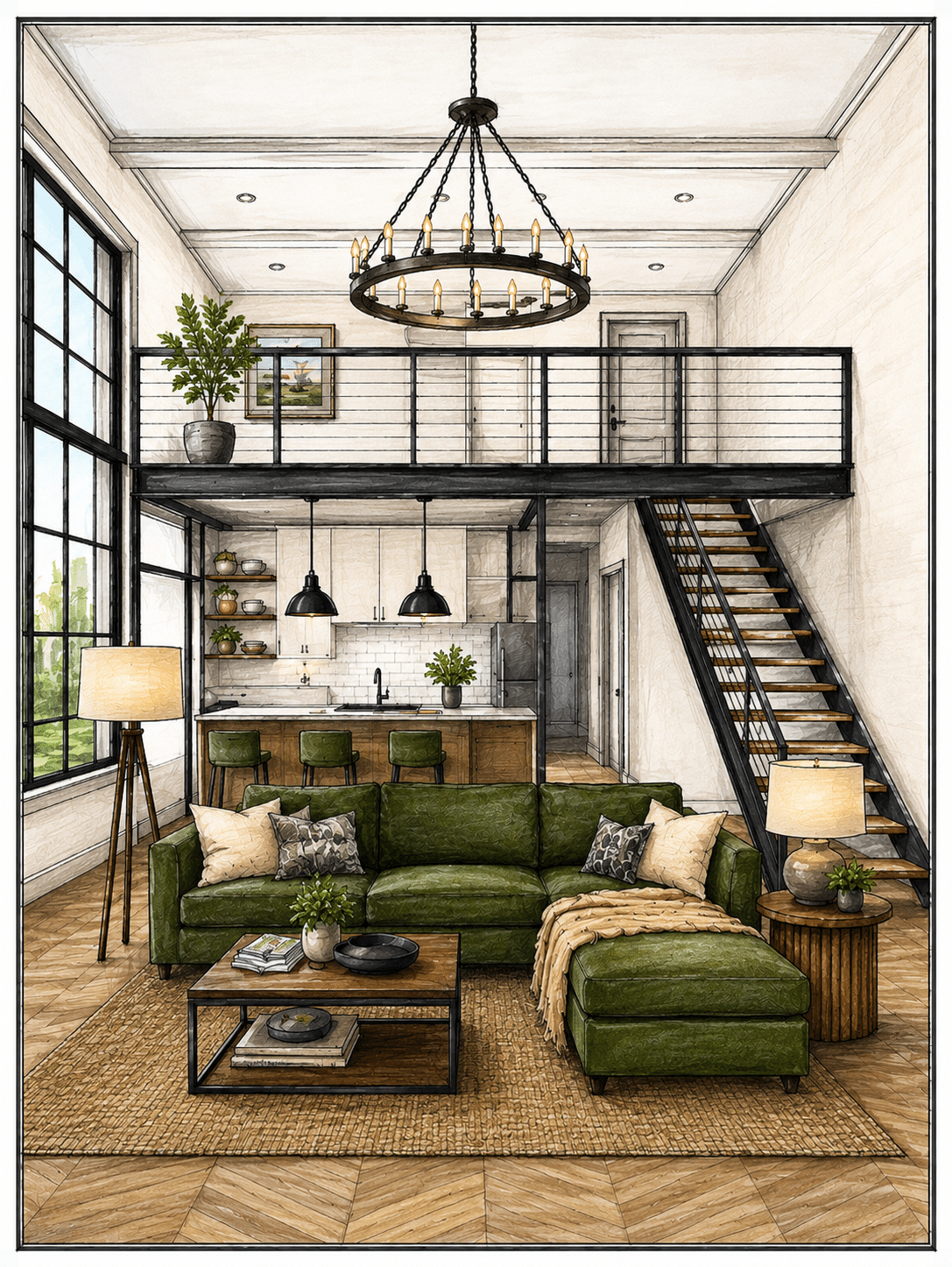 Loft apartment with green sectional sofa, modern decor, large windows, and kitchen under a mezzanine with stairs.
