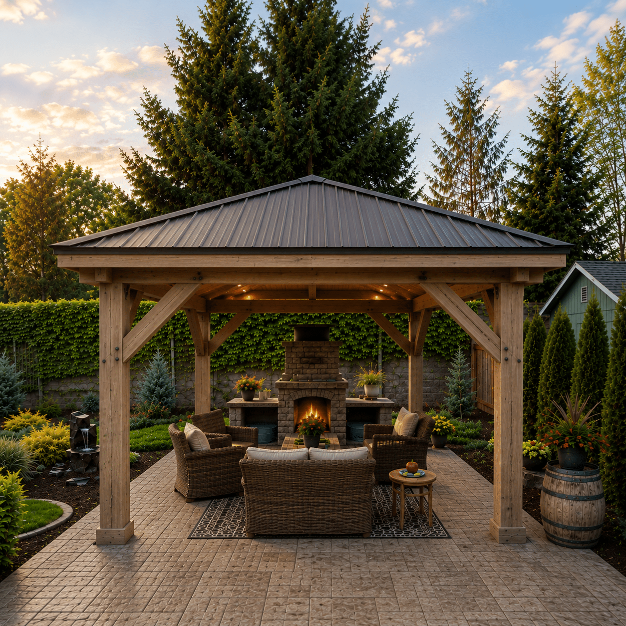 Covered patio with wicker furniture and fireplace—enhance your outdoor space for stunning Outdoor Living at sunset.