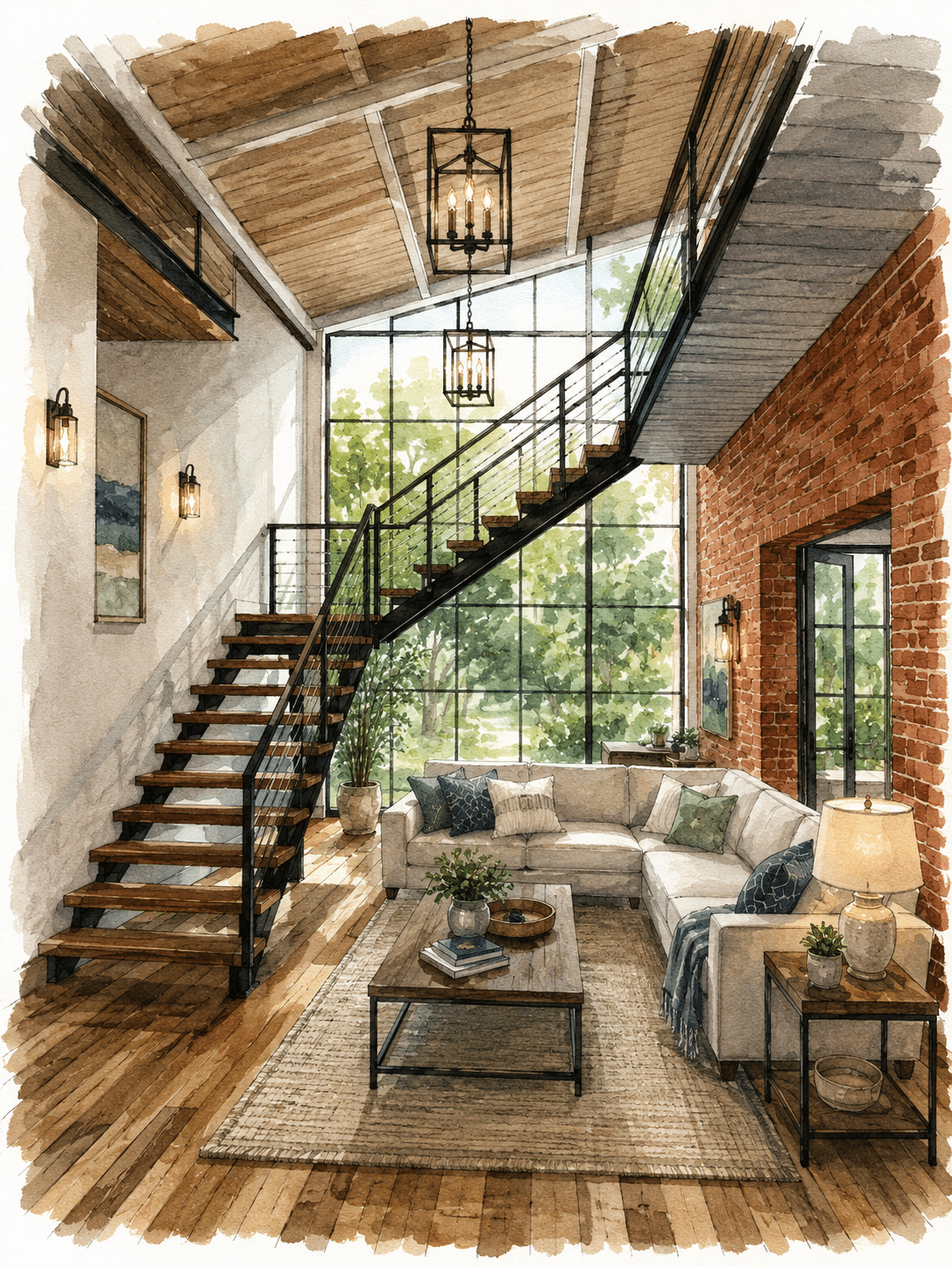 Industrial-style living room with large windows, brick wall, corner sofa, and wooden stairs with metal railing.