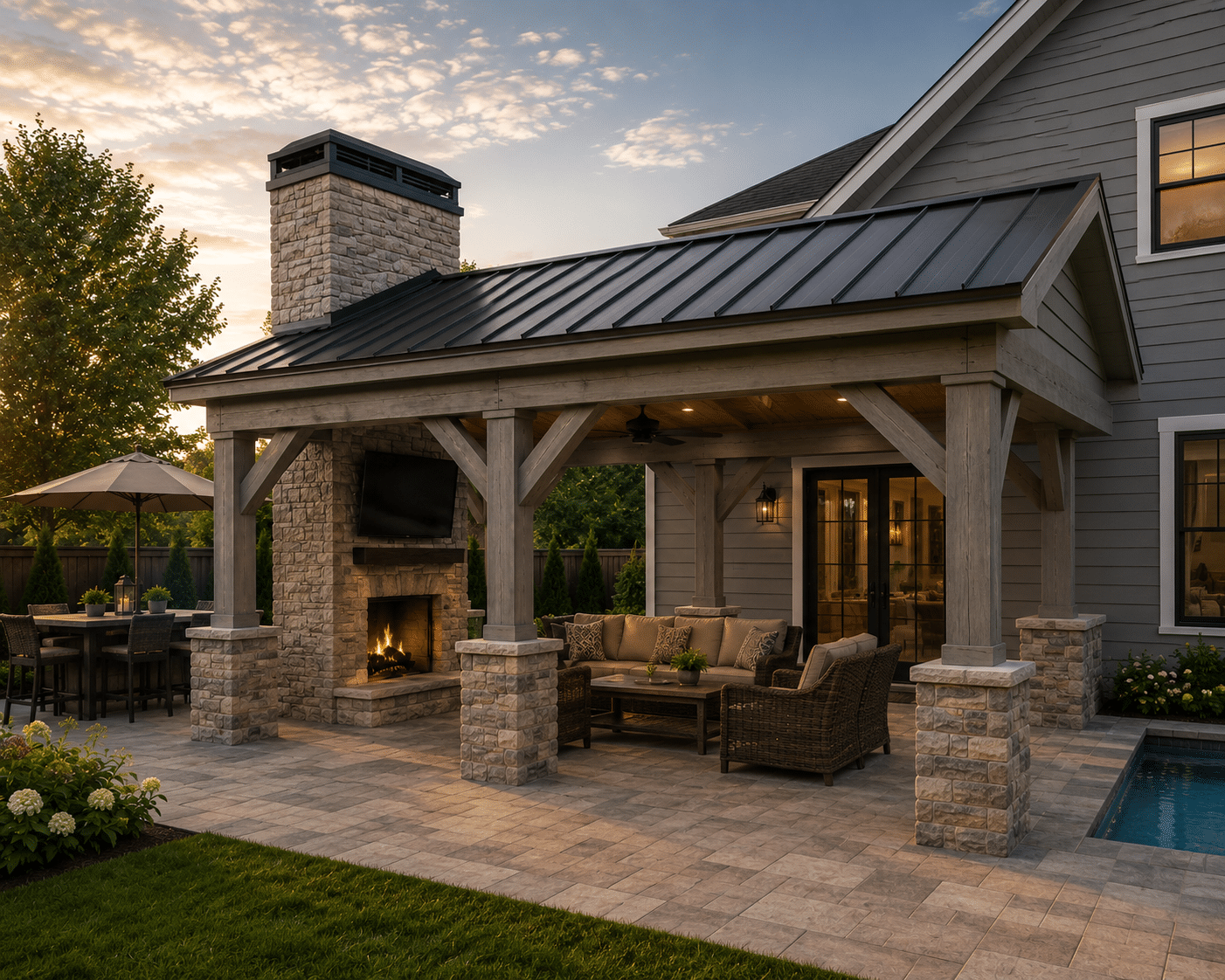 Covered patio with fireplace, TV, and wicker furniture beside a dining area and landscaped backyard at sunset.