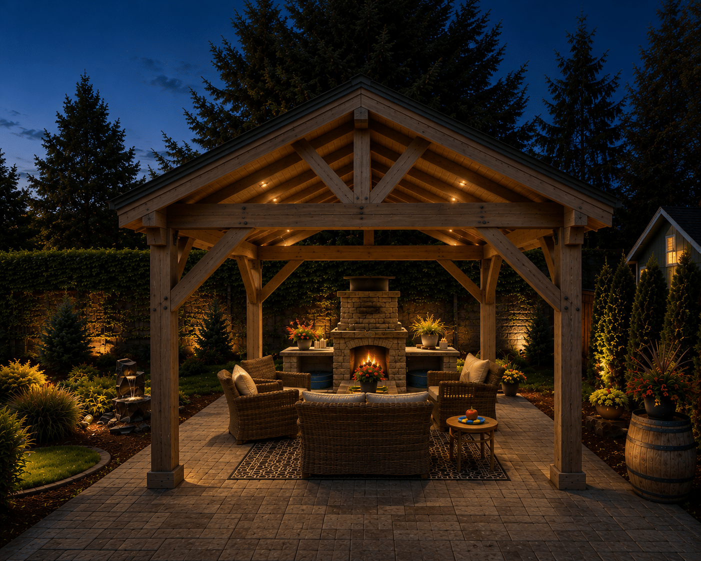 A cozy outdoor patio with a wooden pergola and fireplace to enhance your outdoor space at dusk.