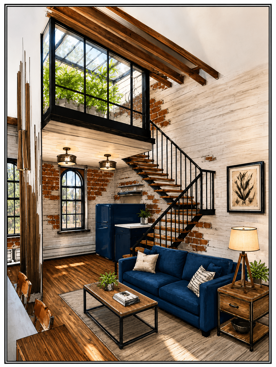 A loft apartment with brick walls, a blue sofa, plants in a glass loft, and a wooden staircase.