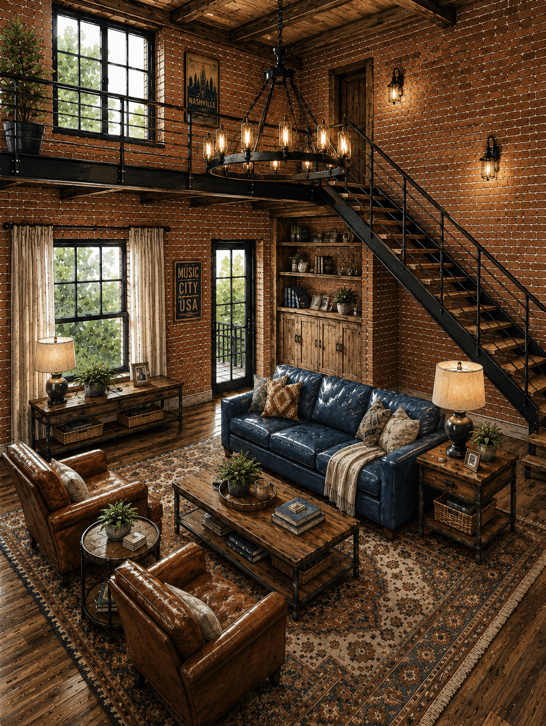 Cozy industrial living room with brick walls, leather furniture, wood accents, and a metal staircase.