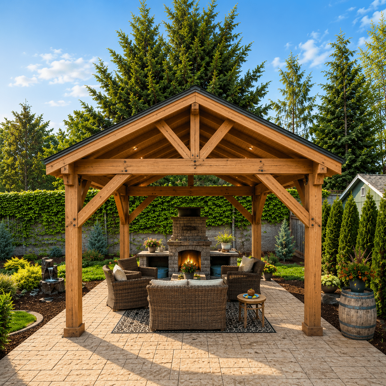 Wooden gazebo with wicker furniture and a fireplace in a landscaped backyard garden under a blue sky.