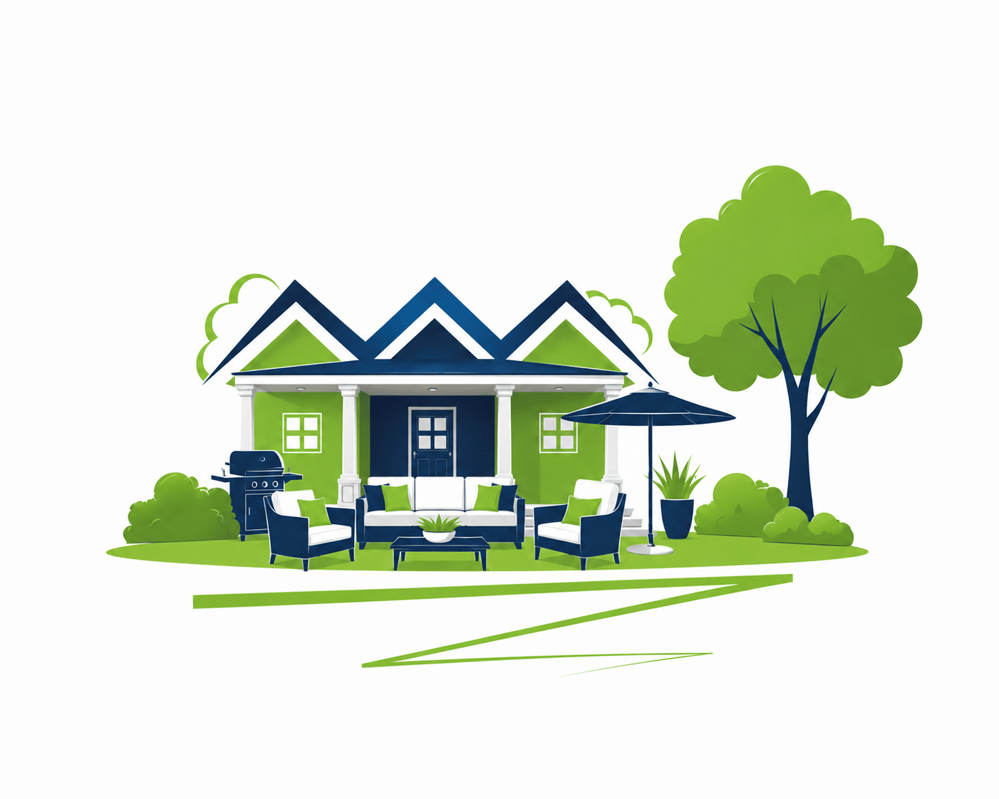 Illustration of a green house with outdoor patio furniture, a barbecue grill, and a large tree nearby.