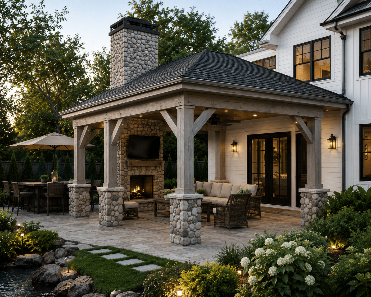 Covered patio with stone fireplace, outdoor seating, and garden beside a modern house at dusk.