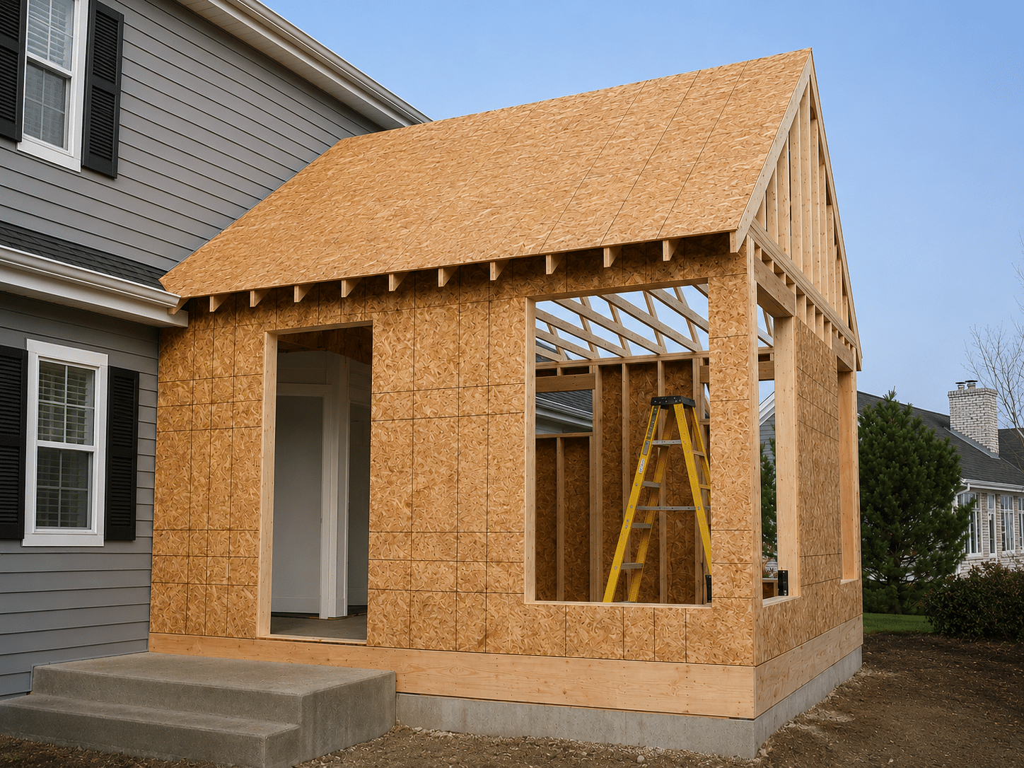 A wooden house extension under construction, with exposed framing and a yellow ladder inside.
