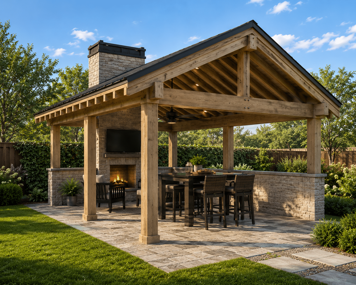 A covered outdoor patio with a fireplace, dining table, chairs, TV, and landscaped yard.