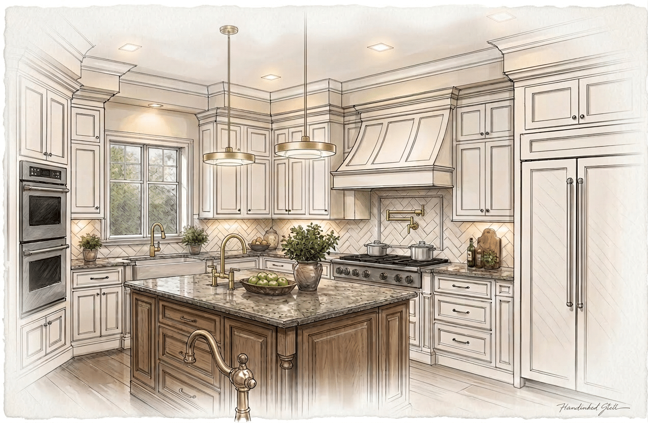 Elegant, bright kitchen with white cabinets, marble island, gold fixtures, and large windows.