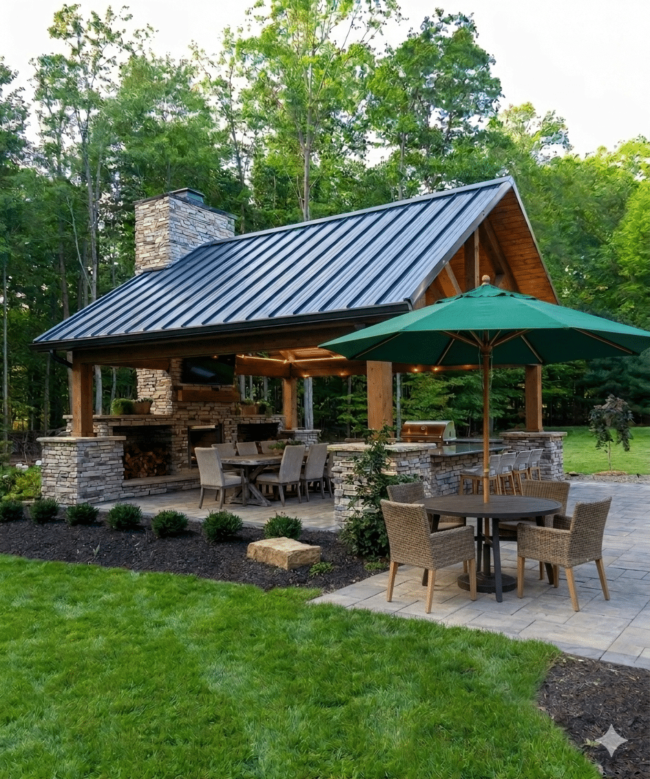 Outdoor patio with stone pavilion, fireplace, dining tables, green umbrella, and lush trees in the background.