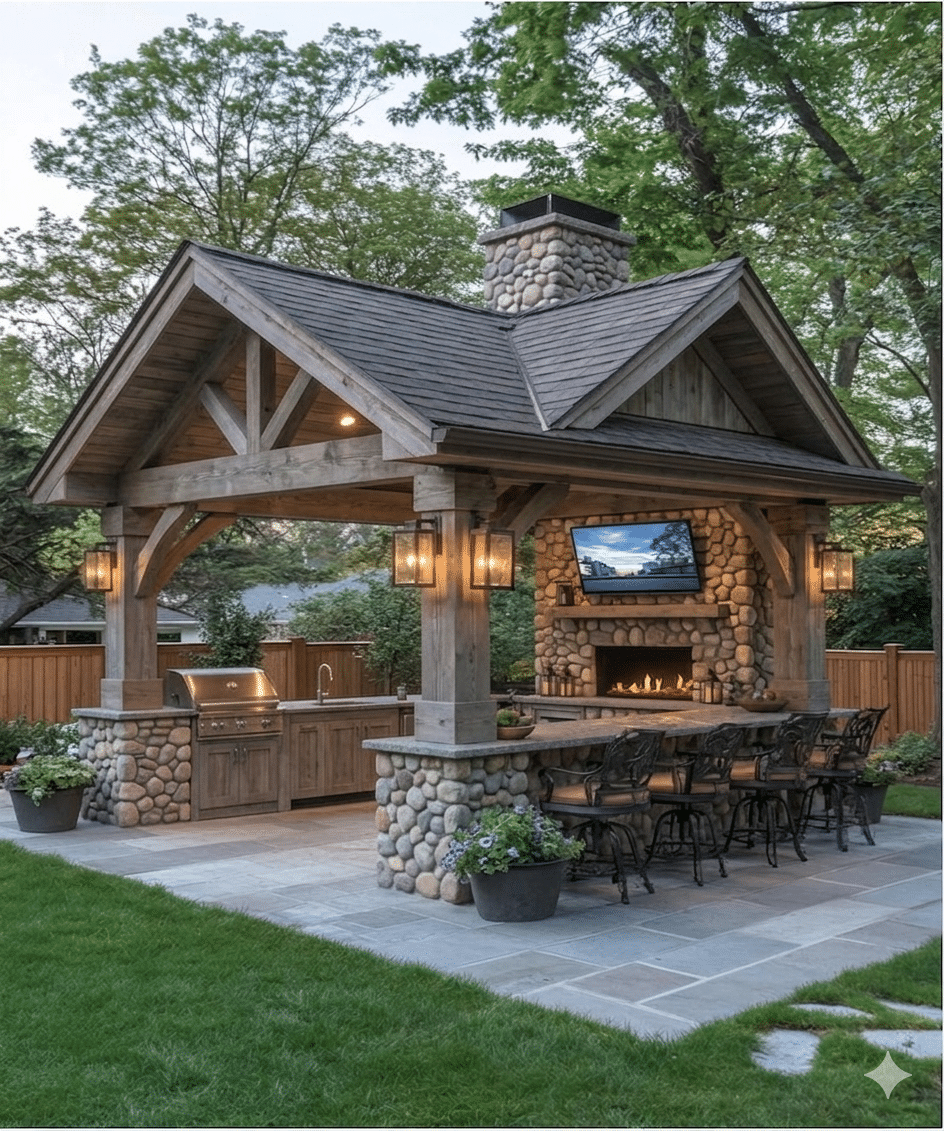 Outdoor kitchen with stone fireplace, grill, TV, bar seating, and wooden roof in a landscaped backyard.