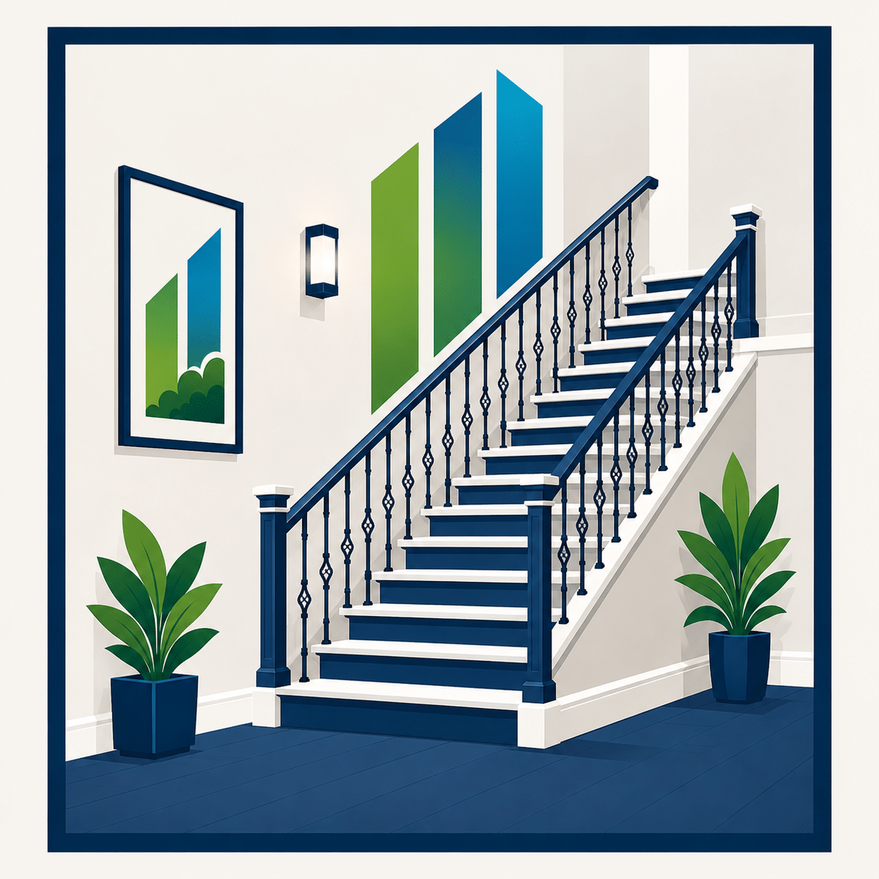 A modern staircase with blue railings, potted plants, and geometric wall art in a bright interior space.