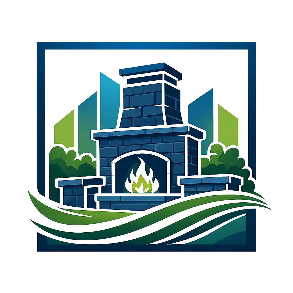 Stylized outdoor stone fireplace with green flames, bushes, and abstract blue and green shapes in the background.