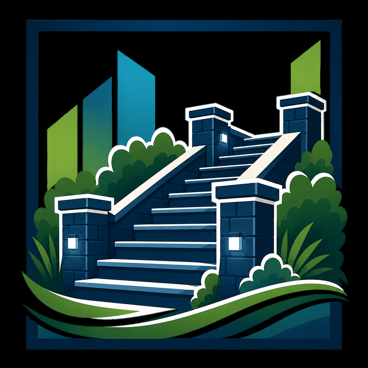 A modern outdoor staircase with stone railings, surrounded by greenery and tall buildings in the background.