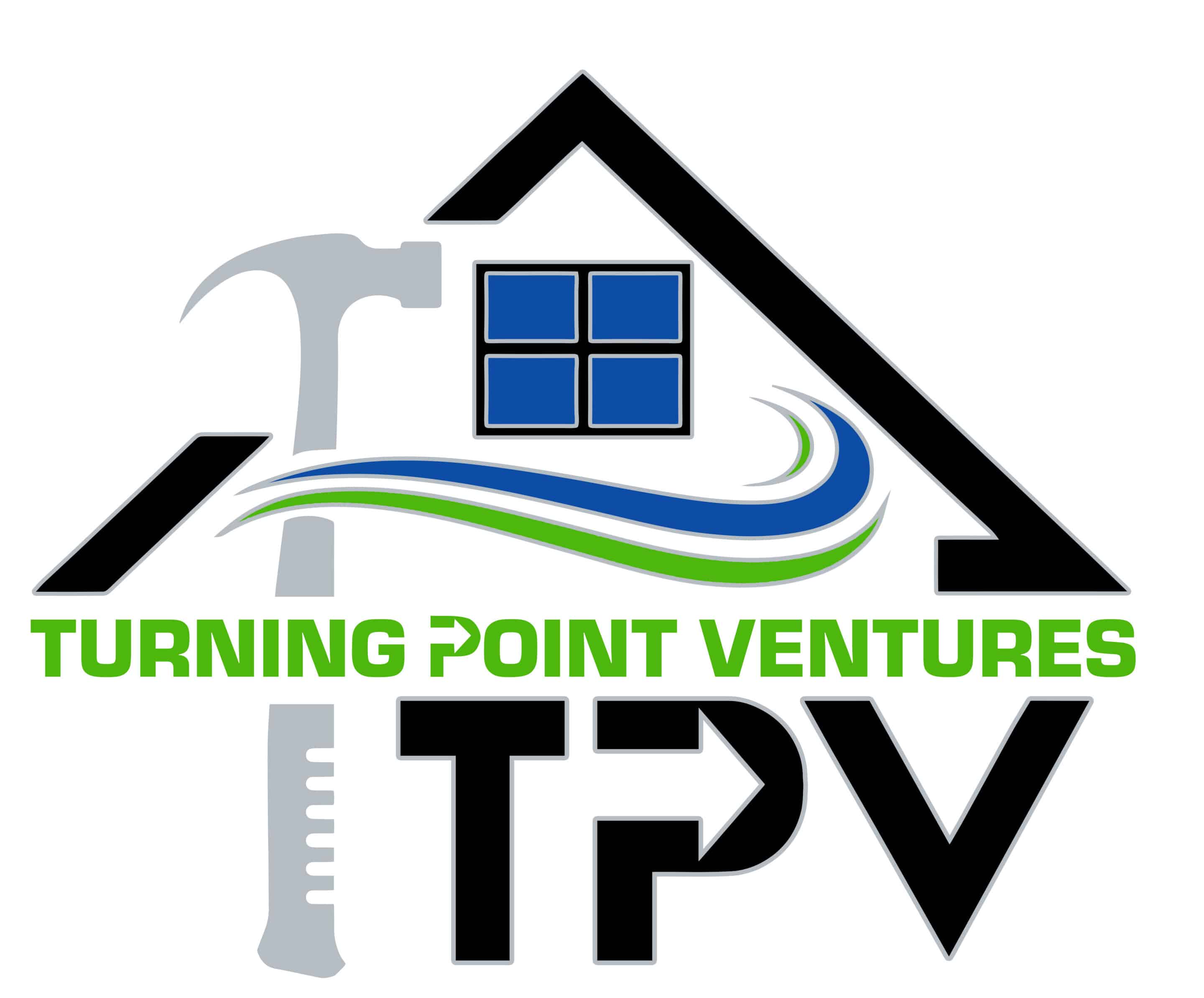 A house outline with a hammer, blue window, swoosh lines, and text: Turning Point Ventures TPV.