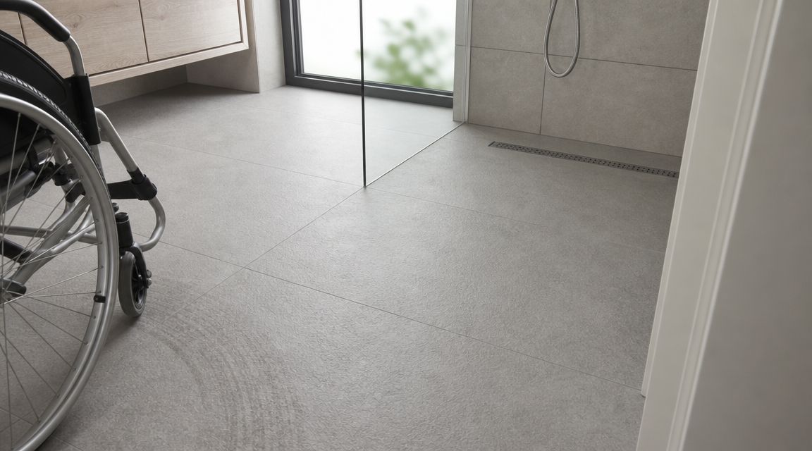 A wheelchair in a modern accessible bathroom with stone tiled floors and a walk-in shower area.