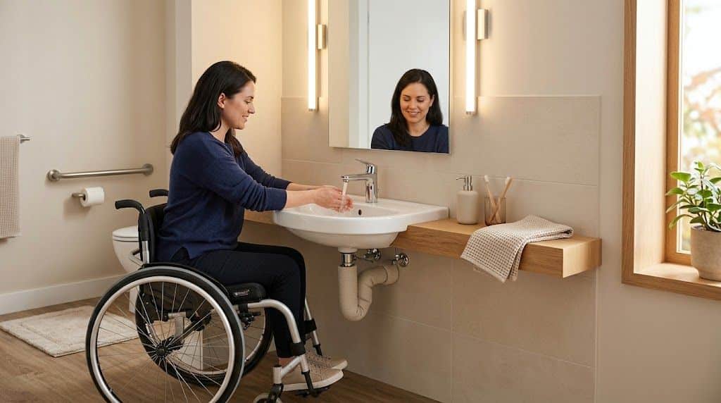 A woman in a wheelchair washing her hands in a modern, accessible bathroom with safety rails.