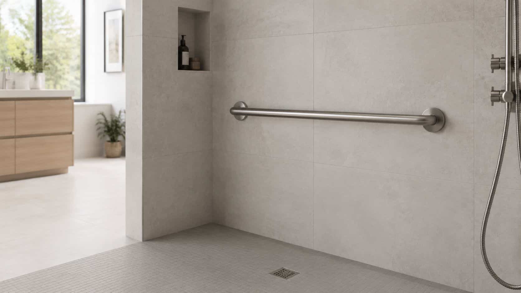 A modern shower featuring a stainless steel grab bar mounted on light grey tiled walls