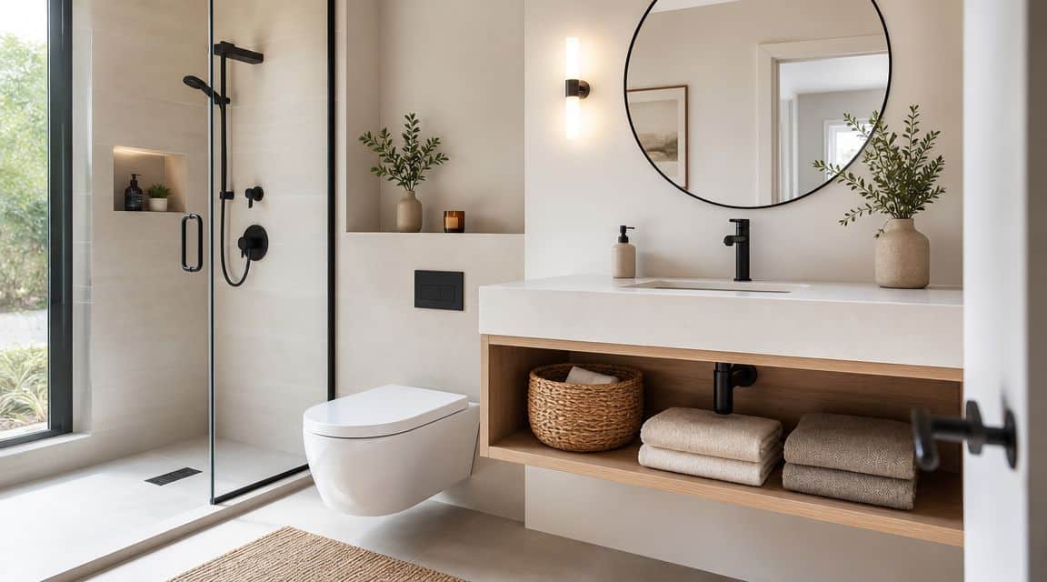 A modern minimalist bathroom featuring a floating vanity, walk-in shower, and natural textures in a neutral color palette.