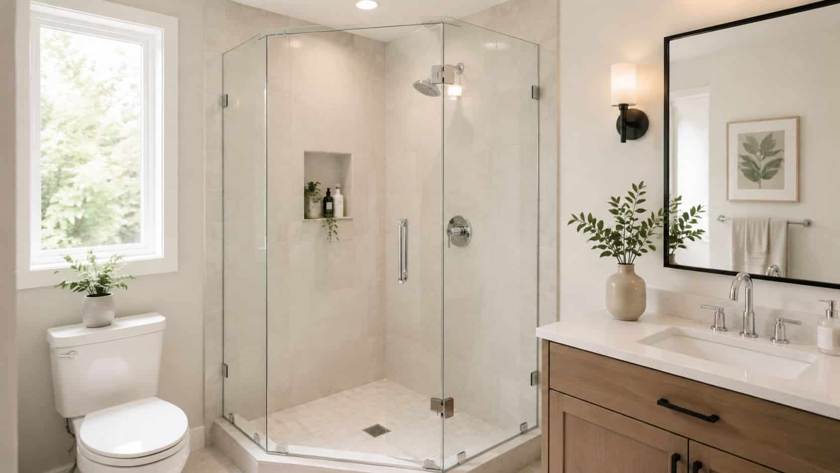 A bright and modern bathroom renovation featuring a glass shower stall, white toilet, and wooden vanity cabinet.